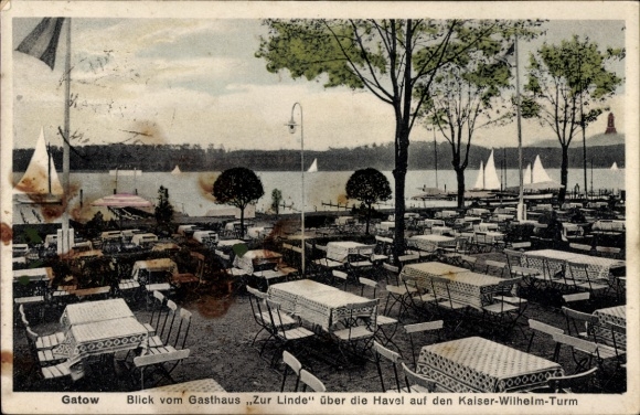 Ak Berlin Spandau Gatow, Blick vom Gasthaus Zur Linde über die Havel, Kaiser-Wilhelm-Turm, Gar...