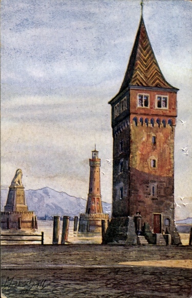 Artist Postcard Marschall, V., Lindau in Lake Constance Swabia, harbor entrance, Mangenturm