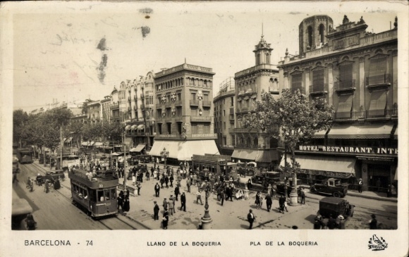 Postcard Barcelona Catalonia Spain, Llano de la Boqueria, tram, hotel