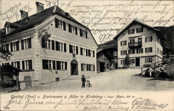 Postcard Bad Hindelang in the Oberallgäu, inn, post office, Adler brewery