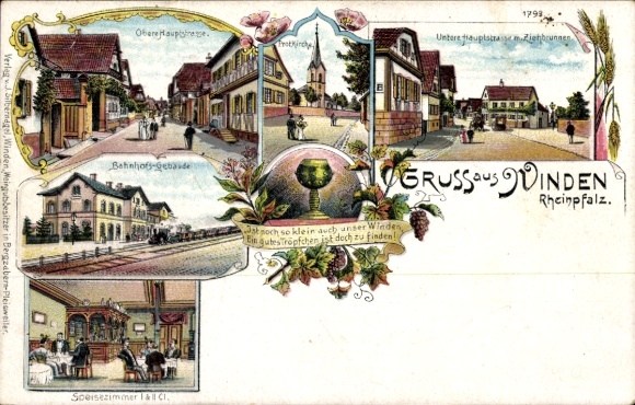 Chromo-Litho Winden Pfalz, railway station, upper and lower main street, church