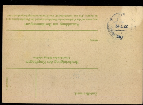 Money order, embossed stamp "22.3.45 Stuttgart" with certificate of origin