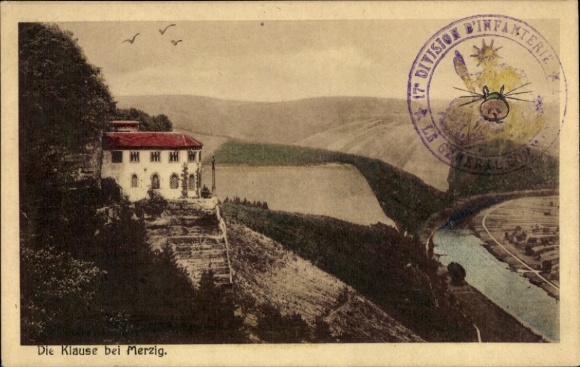 Postcard Merzig on the Saar, The Klause near PC detail, landscape, river, building