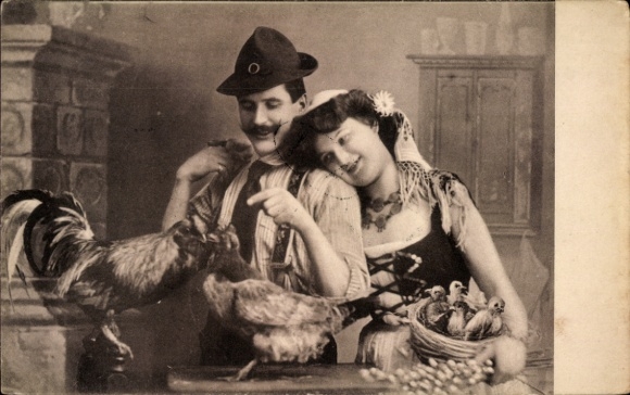 Postcard Lovers in traditional costume, chickens