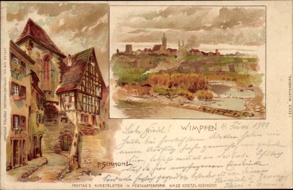 Chromo-Litho Schmohl, P., Bad Wimpfen am Neckar Heilbronn district, view of the town and surrounding area