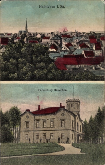 Ak Hainichen in Sachsen, Blick auf Stadt über Häuserdächer, Partie am Parkschloss