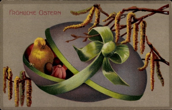 Präge Ak Glückwunsch Ostern, Küken, Osterei, Weidenkätzchen