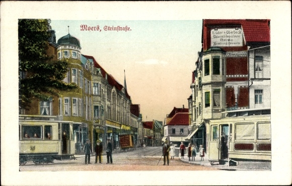 Postcard Moers am Niederrhein, Steinstraße, shop Krüger and Oberbeck Imports, streetcar