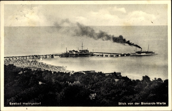 Postcard Baltic resort Heringsdorf on Usedom, pier, steamer, view from the Bismarkwarte