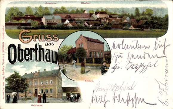 Postcard Oberthau Ermlitz Schkopau Saalekreis, greetings from the inn, church, school, colorful
