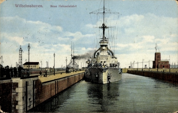 Wilhelmshaven on the North Sea, New Harbor Entrance, Warship, Imperial Navy Battleship