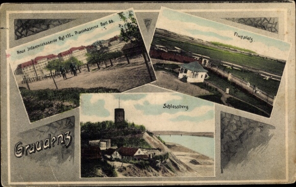 Postcard Grudziądz Graudenz West Prussia, infantry barracks Regt No. 175, pioneer barracks Batl 26, airfield