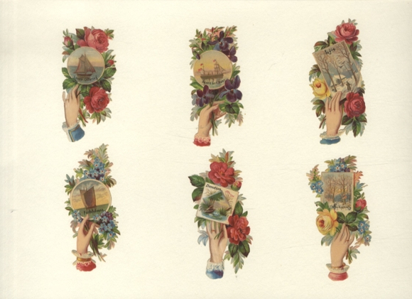 6 wafer hands with flower bouquets and pictures of sailing boats and landscapes, approx. 4 x 9 cm