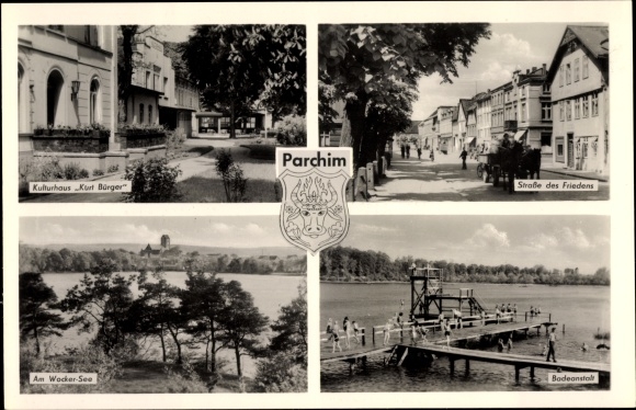 Coat of arms Postcard Parchim in Mecklenburg, Kulturhaus Kurt Bürger, Wacker See, Straße des Friedens