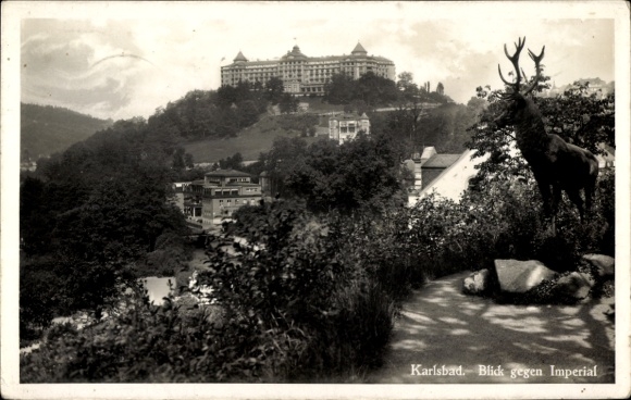 Postcard Karlsbad in Baden, view towards Imperial, Hotel, statue of a deer