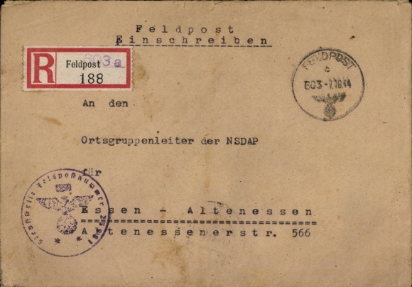 List Feldpost listem poleconym, numer poczty polowej 23961 do Essen, 19 października 1944 r.