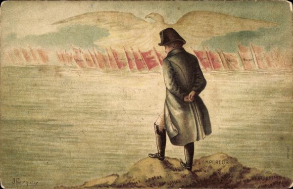 Artist Postcard Fourquier, Napoleon Bonaparte, eagle, flags with battles, Austerlitz, Wagram, Waterloo