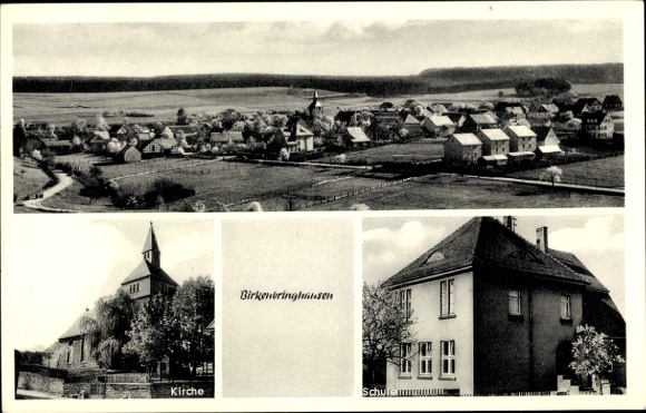 Postcard Birkenbringhausen Burgwald Hesse, general view, church, school