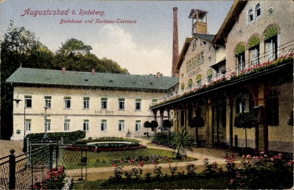 Postcard Augustusbad Radeberg in Saxony, bathhouse, Kurhaus-Cerrasse, Augustusbad, garden