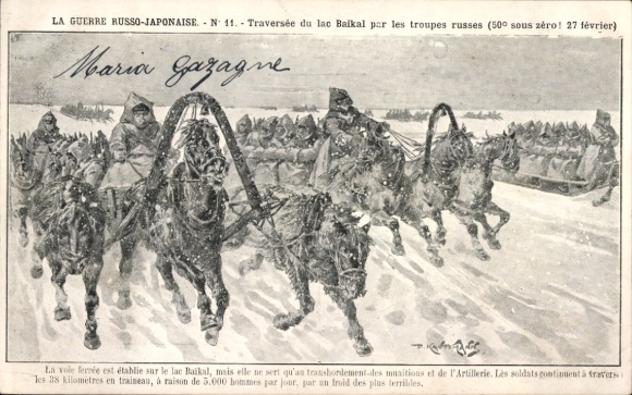 Artist Postcard Russian Japanese War, Russian troops, Lake Baikal, sleigh teams, troika