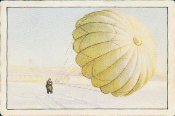 Sammelbild Die Eroberung der Luft, Abt. III Serie E Nr. 6, Landung nach Fallschirm-Absprung