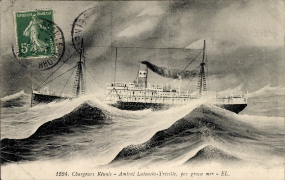 Beeld stoomschip Amiral Latouche Tréville, Chargeurs Réunis, op ruwe zee