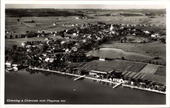 Postcard Chieming am Chiemsee Upper Bavaria, aerial view of Chieming, Chiemsee, numerous buildings, land