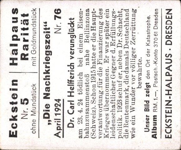 Collector's picture The Post-War Period No. 76, April 1924, Dr. Carl Helfferich, Bellinzona train accident