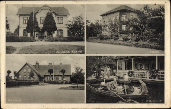 Foto Ak Bokel Kr. Pinneberg Schleswig Holstein, Bäckerei M. Grelek, Aubeck, Schule, Mühlenteich