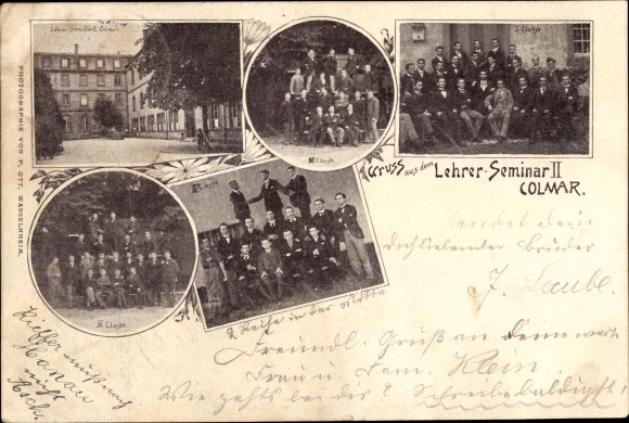 Postcard Colmar Kolmar Elsass Haut Rhin, teacher seminar II, group photo class I-IV