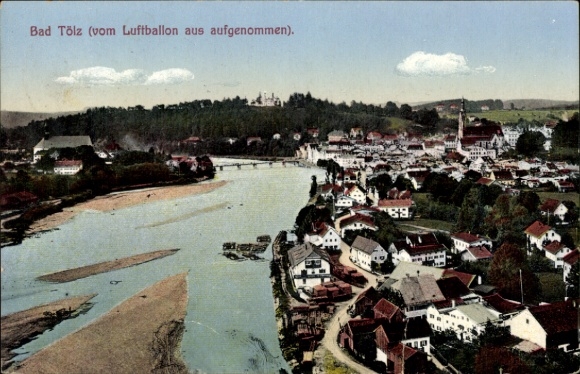 Postcard Bad Tölz in Upper Bavaria, aerial view of river, houses, forest, architecture