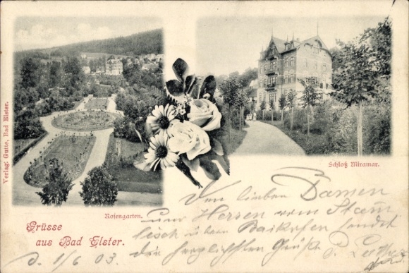 Postcard Bad Elster in Vogtland, rose garden, Miramar Castle, flower arrangement, greetings from Bad Elster