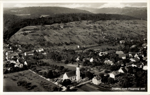 Postcard Dogern am Rhein, aerial view of church in the foreground, rural surroundings