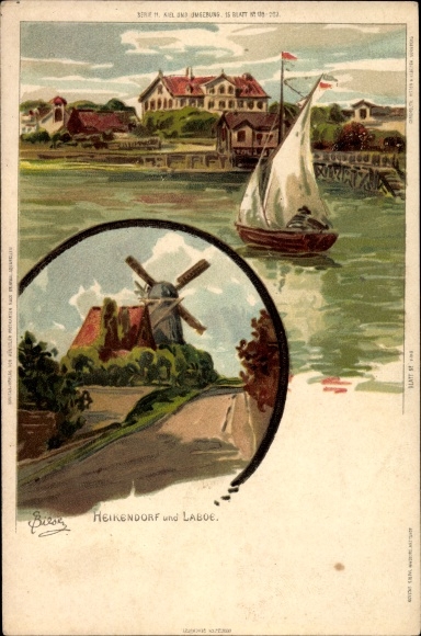 KP artysty Biese, C., Heikendorf on the Kieler Förde, Laboe, wiatrak, żaglówka, molo