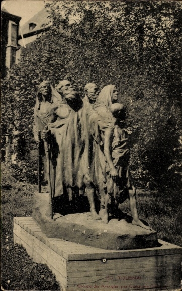Postcard Tournai Wallonia Hainaut, sculpture, group of blind people