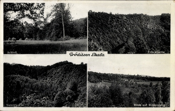 Ak Gröditz in Sachsen, Schloss, Felscupartle, Talblick, Blick auf Weißenberg