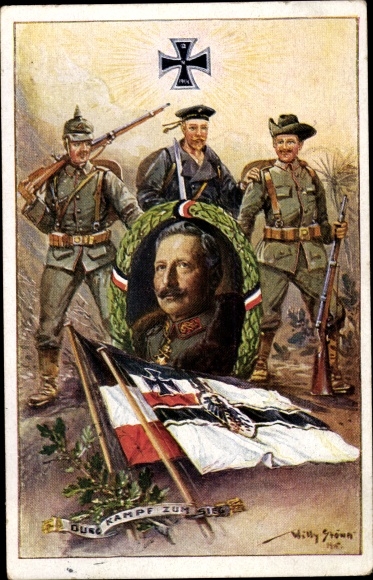 Künstler Ak Stöwer, Willy, Durch Kampf zum Sieg, Kolonialkriegerdank, Fahnen, Seemann, Soldaten