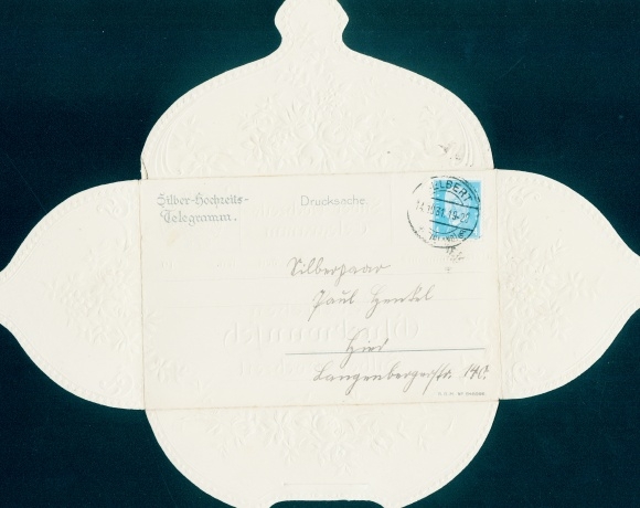 Folding embossed PC congratulations silver wedding, silver wedding telegram