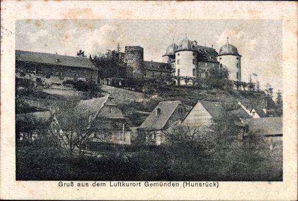 PC Gemünden in the Hunsrück, castle, houses, landscape, greetings from Gemünden (Hunsrück)