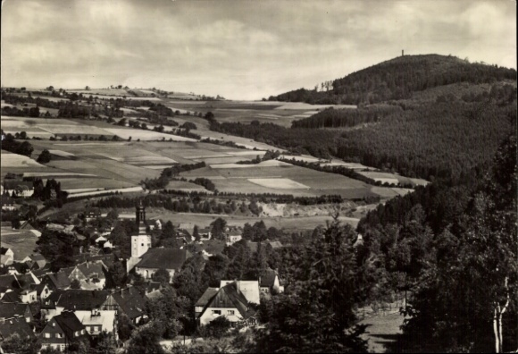 Postcard Geising Altenberg in the Ore Mountains, landscape photograph, village view, church, wooded hills