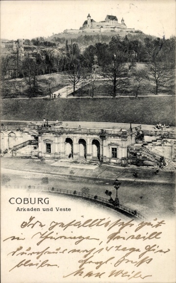 Postcard Coburg in Upper Franconia, arcades and fortress, historical architecture, landscape
