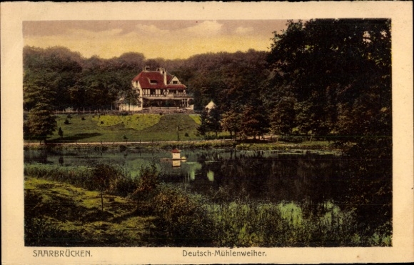 Postcard Saarbrücken in Saarland, Deutsch-Mühlenweiher, house in the background, water surface, trees