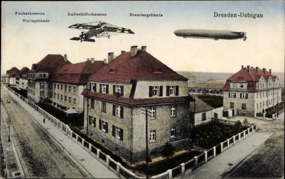 Postcard Dresden Uebigau, Zeppelin, airship barracks, civil service building, staff building