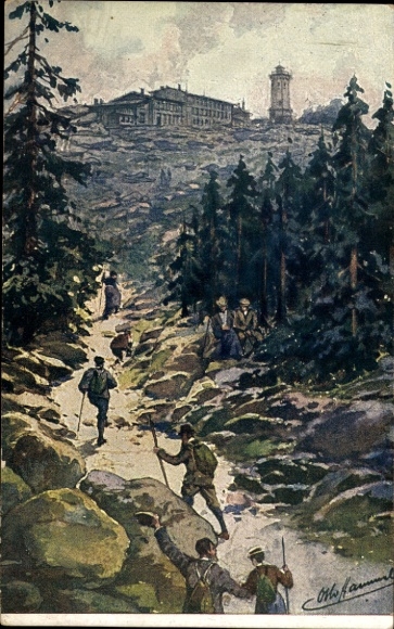 Künstler Ak Hammel, Otto, Brocken im Harz, Aufstieg zum Brockenhotel
