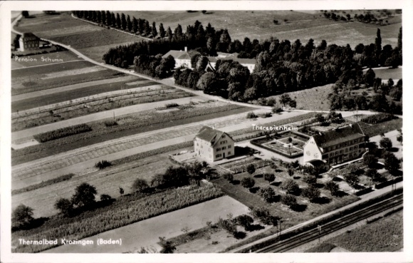 Postcard Bad Krozingen im Breisgau Black Forest, aerial photograph, Pension Schum, thermal bath, Theresienheim,