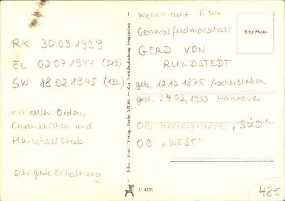 Odznaka Feldmarszałka Gerda von Rundstedta, Wehrmacht, Buława Marszałkowska, Krzyż Rycerski