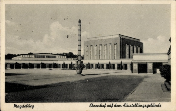 Ak Magdeburg an der Elbe, Ausstellungsgelände, Ehrenhof, Gebäude, Säule