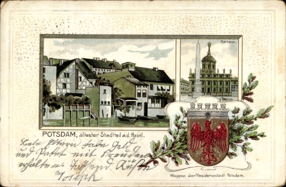 Reliëfwapen litho Potsdam in Brandenburg, oudste stadsdeel aan de Havel, stadhuis