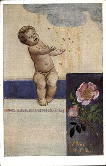 Artist PC Kaulbach, Friedrich August, Munich, Dog Rose Day May 1912, small child, rain of money