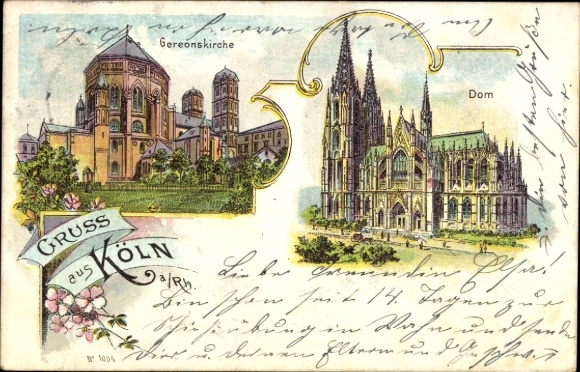 PC Cologne on the Rhine, Gereonskirche, Cathedral, greeting from handwritten text